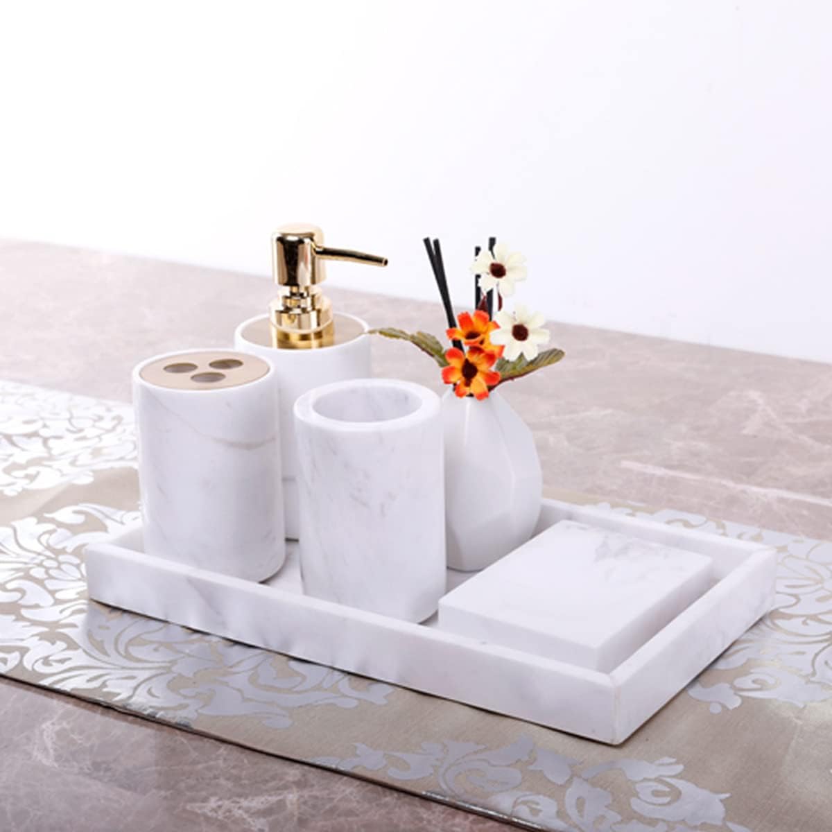 Natural Marble Bathroom Accessories Set 5 Pcs -Lotion Soap Dispenser, Toothbrush Holder & Cup, Soap Dish, Storage Tray, Washstand Restroom Countertop Essentials Kits, White