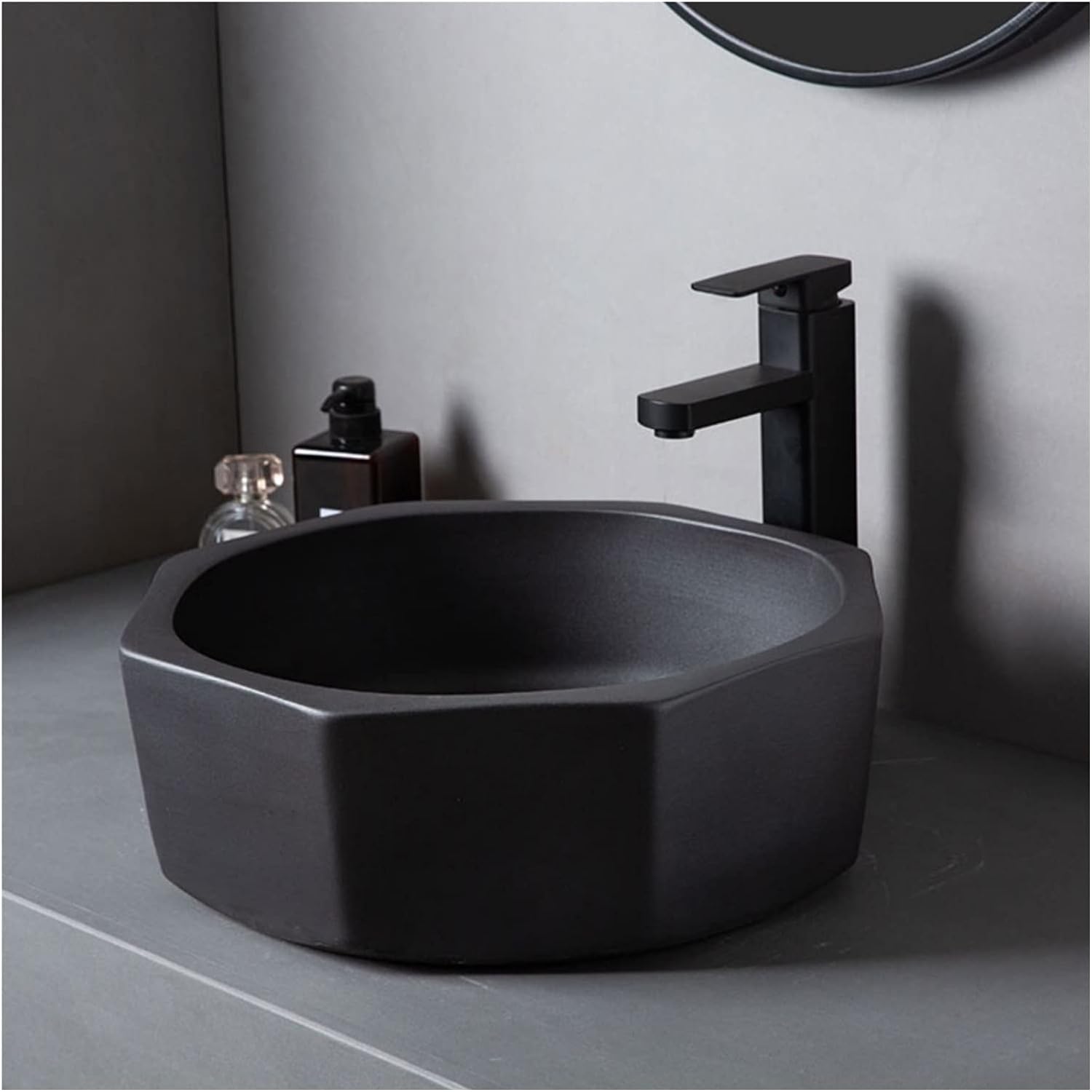 Black Ceramic Vessel Sink, Modern Above Counter Artistic Sink Bowl, Bathroom Porcelain Art Wash Basin with Faucet Pop-Up Drain