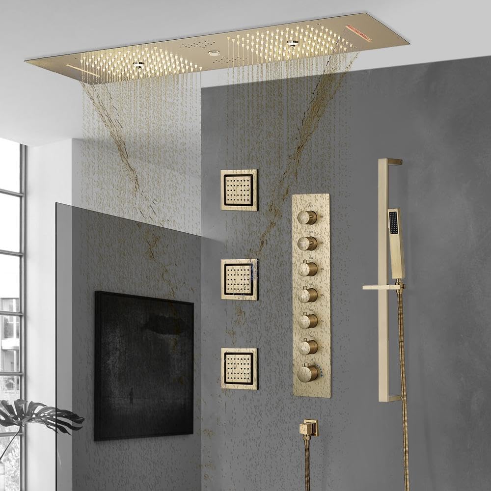 Modern Thermostatic Massage Shower System, 6 Functions Ceiling Mounted Shower Faucet Combo Set with Handheld, 3 Body Jets (Brushed Gold)