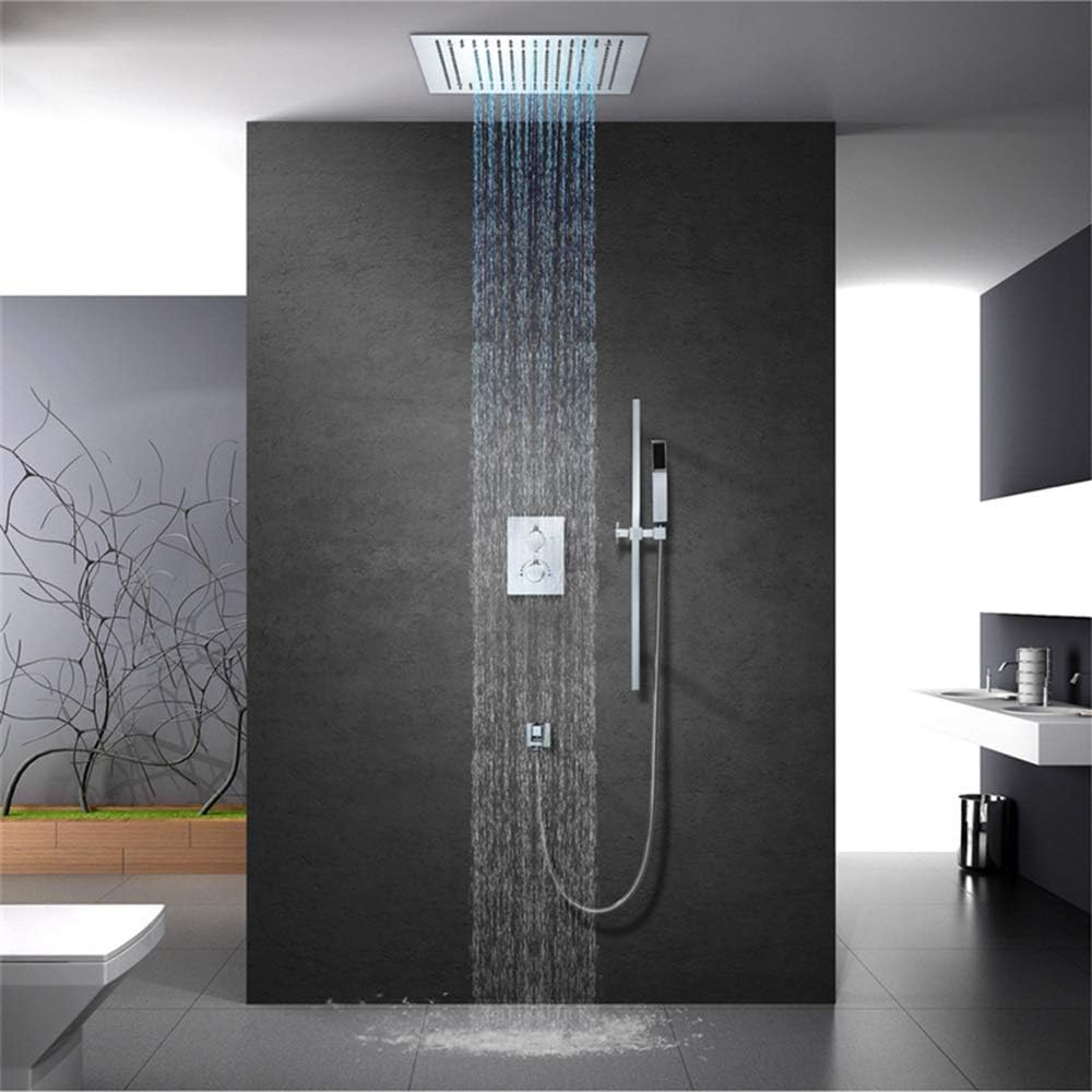 Remote Control LED40*40cm Canopy Top Shower System Into The Wall Thermostatic Shower Set Copper Shower Faucet Silver Lifting Rod Fixed Showerheads