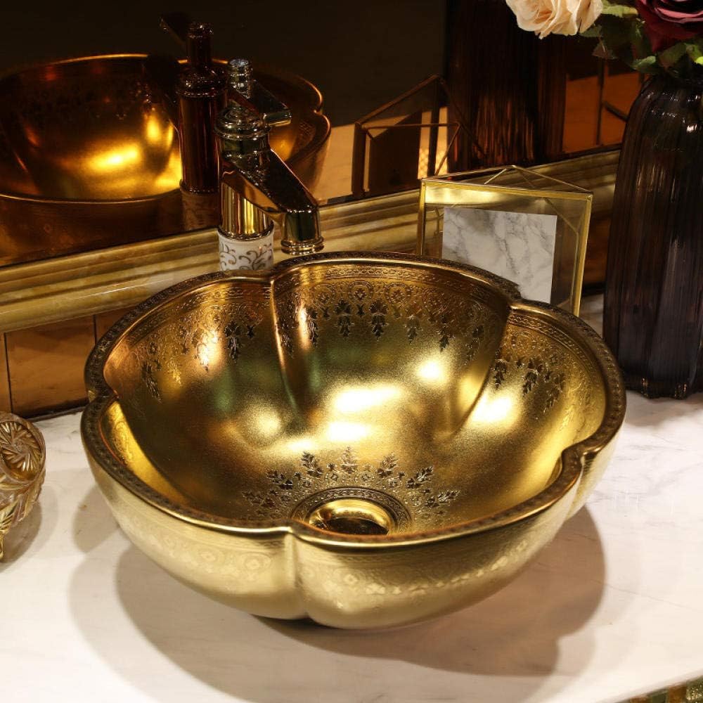 Countertop Basin Bathroom Sink Bowl, Ceramic Oval countertop, Golden Embossed Porcelain-Basin only