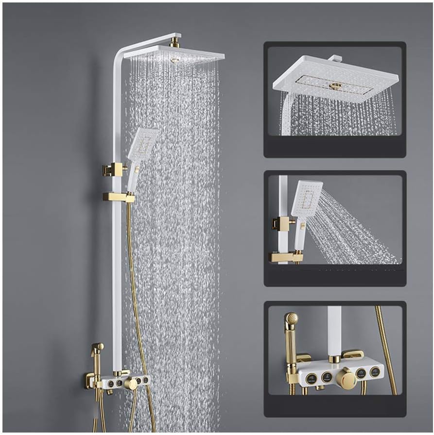 shower head -PE Rain Shower System, Exposed Rain Mixer Shower Combo Set Wall Mounted Bathroom Shower Faucet Set with Rainfall Shower Head, Handheld Shower, Tub Spout, Bidet Spray,White and Gold