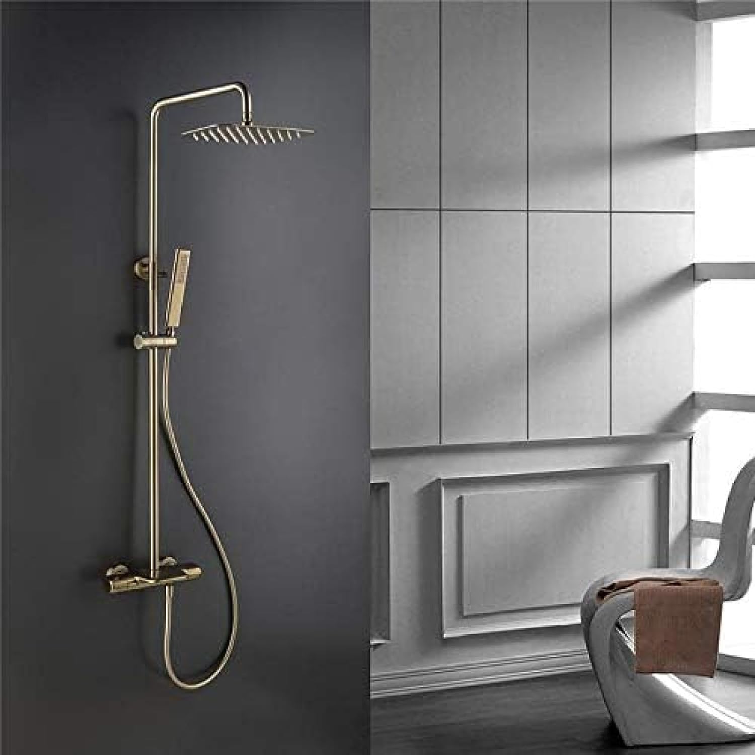 Brushed Gold Shower Faucet Set Bathroom Shower System Thermostatic Bathtub Shower Mixer Rain Shower Head Square Hand Shower,Shower Kits