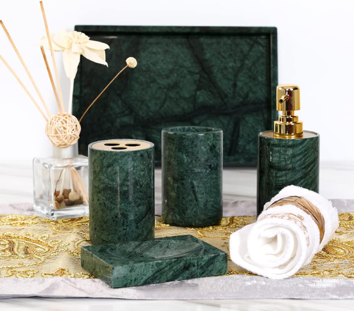 Natural Marble Bathroom Accessories Set 5 Pcs -Lotion Soap Dispenser, Toothbrush Holder & Cup, Soap Dish, Storage Tray, Washstand Restroom Countertop Essentials Kits, Green