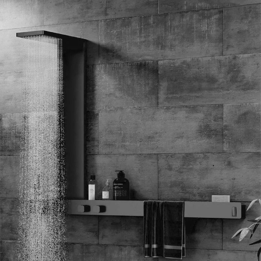 Wall-Mounted Luxury Thermostatic Shower System with Storage Rack & Towel Bar