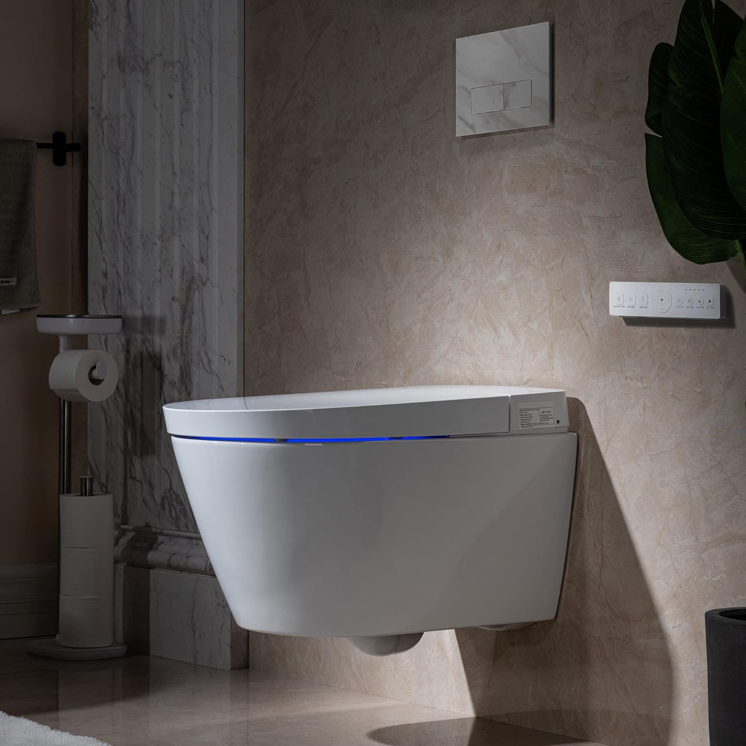 Compact Elongated Dual-flush wall hung toilet with Bidet Wash Function, Heated Seat & Dryer. Matching Concealed Tank system and White Marble Stone Slim Flush Plates Included.