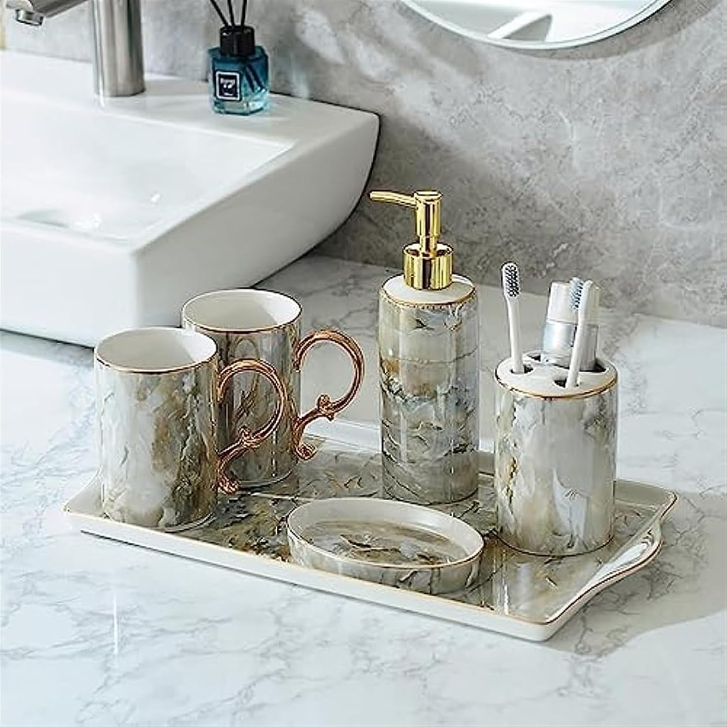6 Pieces Handmade Ceramic Bathroom Accessory Set with Vanity Tray, Bathroom Countertop Accessory Set, Include Soap Dispenser, Toothbrush Holder, 2 Tumbler