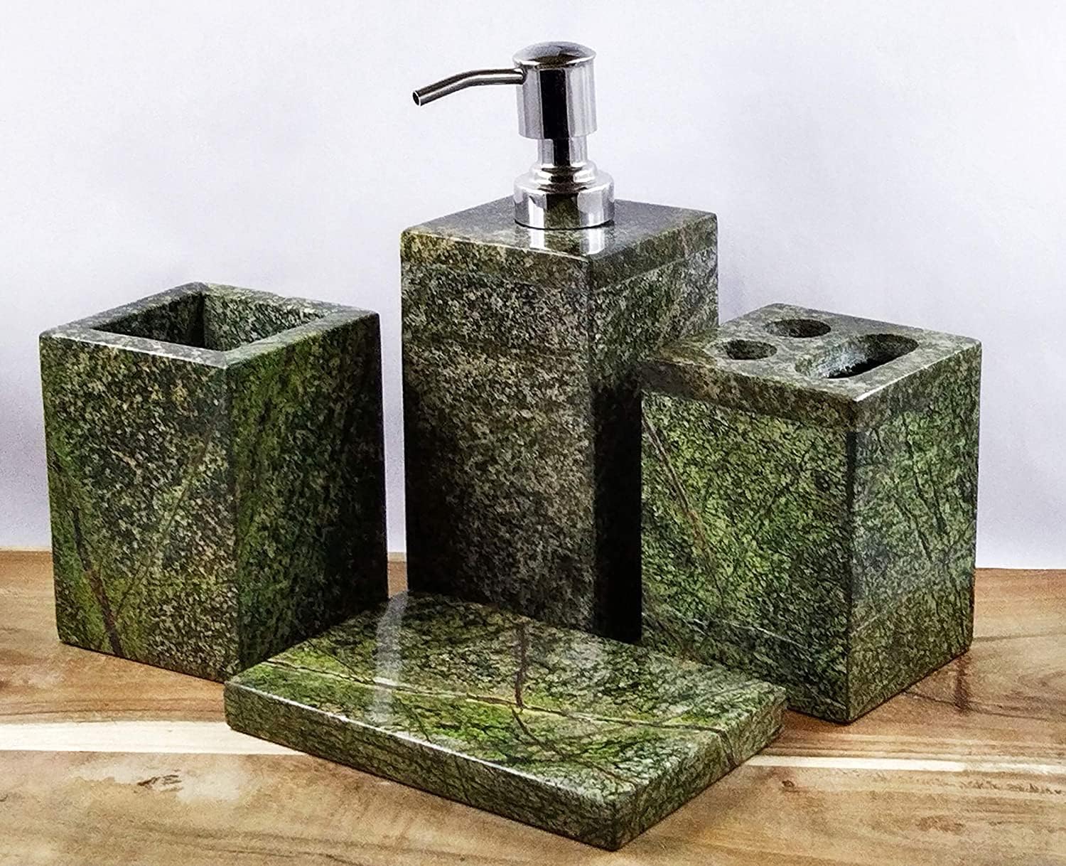 Green Forest Marble Bath Set for Luxury Bathroom, Bathroom Accessories Set of Marble, Soap Dispenser Set with for Home Decor, Set of 4 Pcs