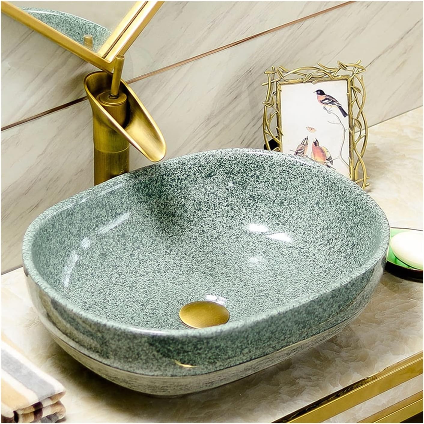 Bathroom Sink, Countertop Basin Oval Counter wash Basin Cloakroom Hand-Painted Container Sink Bathroom Sink Blue and White Porcelain Hand-Painted sink-51 cm-1 (40 Cm)