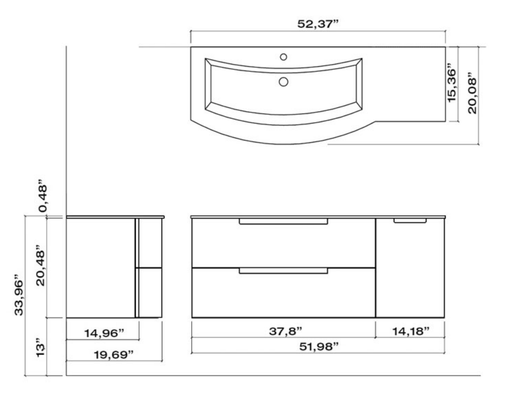 Latoscana 53" Oasi Modern Bathroom Vanity Kit With Right Side Cabinet