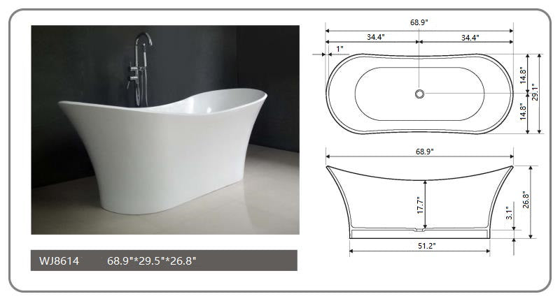 Legion Furniture - 68.9” White Matt Solid Surface Tub - No Faucet - WJ8614