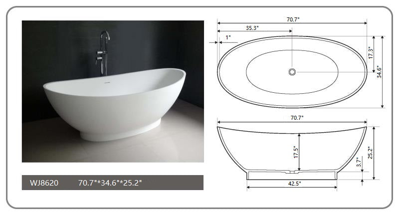 Legion Furniture - 70.7” White Matt Solid Surface Tub - No Faucet - WJ8620-W
