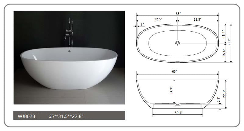 Legion Furniture - 65” White Matt Solid Surface Tub - No Faucet - WJ8628-W